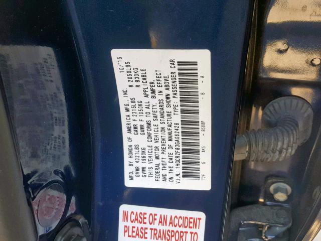 1HGCR2F83GA062428 - 2016 HONDA ACCORD EXL BLUE photo 10