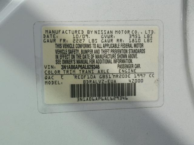 3N1AB6AP6AL629346 - 2010 NISSAN SENTRA 2.0 WHITE photo 10