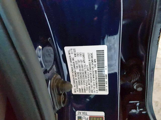 2HKRM3H78GH516988 - 2016 HONDA CR-V EXL BLUE photo 10