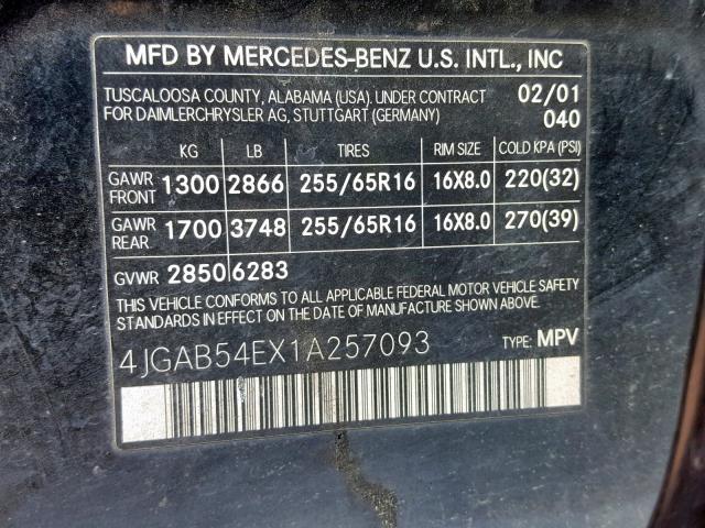 4JGAB54EX1A257093 - 2001 MERCEDES-BENZ ML 320 BLACK photo 10