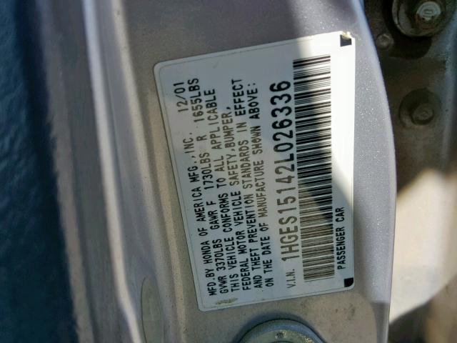 1HGES15142L026336 - 2002 HONDA CIVIC DX GRAY photo 10