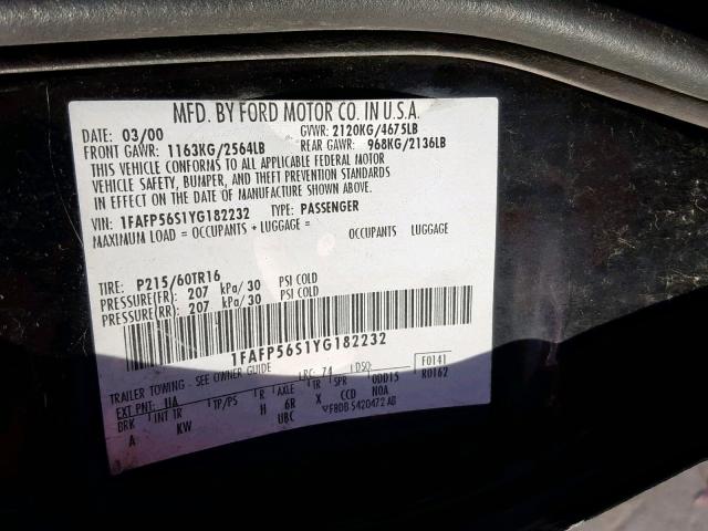 1FAFP56S1YG182232 - 2000 FORD TAURUS SEL GRAY photo 10