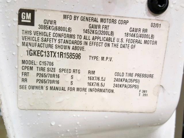 1GKEC13TX1R158596 - 2001 GMC YUKON WHITE photo 10