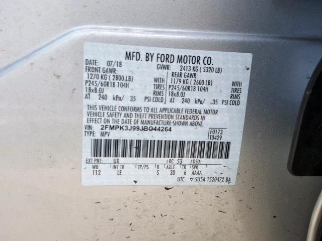 2FMPK3J99JBC44264 - 2018 FORD EDGE SEL SILVER photo 10