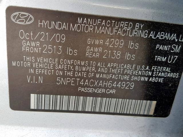 5NPET4ACXAH644929 - 2010 HYUNDAI SONATA GLS GRAY photo 10