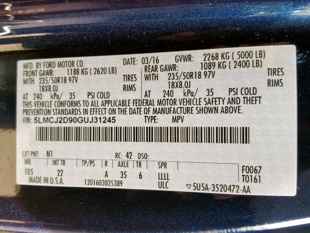 5LMCJ2D90GUJ31245 - 2016 LINCOLN MKC SELECT BLUE photo 10