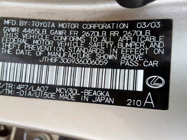 JTHBF30G936006059 - 2003 LEXUS ES 300 GOLD photo 10