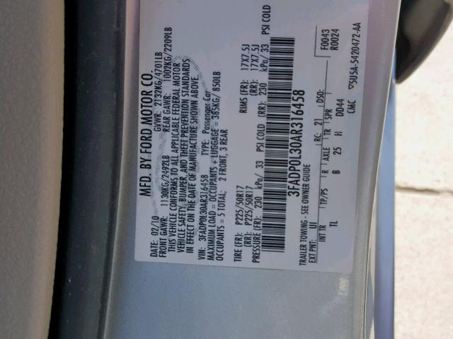 3FADP0L30AR316458 - 2010 FORD FUSION HYB SILVER photo 10