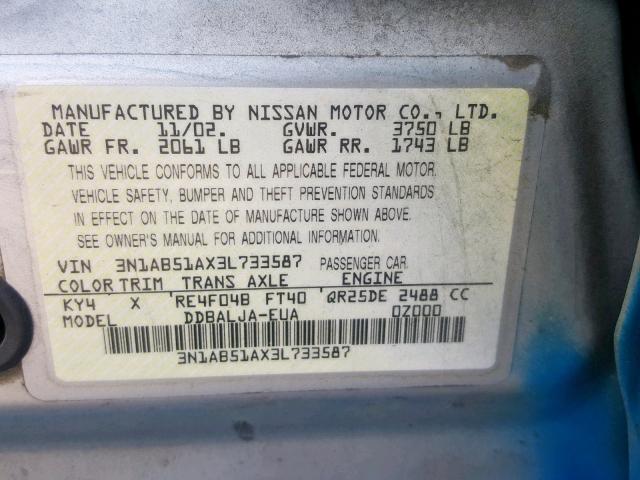 3N1AB51AX3L733587 - 2003 NISSAN SENTRA SE- BLUE photo 10