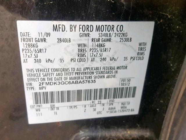 2FMDK3GC6ABA57635 - 2010 FORD EDGE SE BLACK photo 10