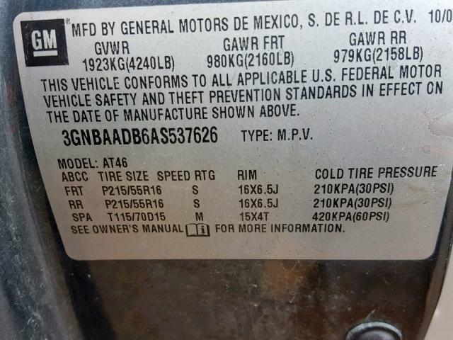 3GNBAADB6AS537626 - 2010 CHEVROLET HHR LS Gris foto 10