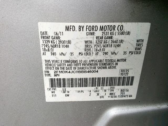 2FMDK4JC0BBB46004 - 2011 FORD EDGE SEL SILVER photo 10