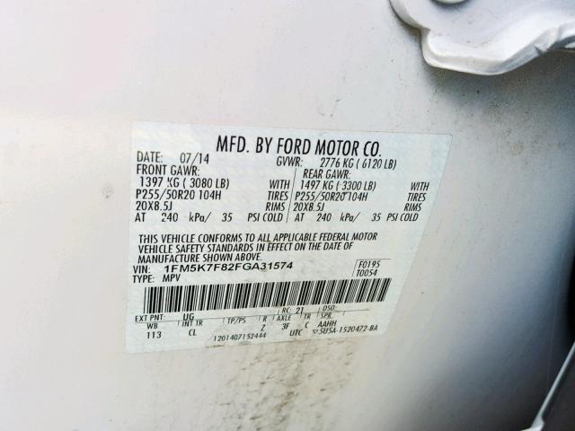 1FM5K7F82FGA31574 - 2015 FORD EXPLORER L WHITE photo 10