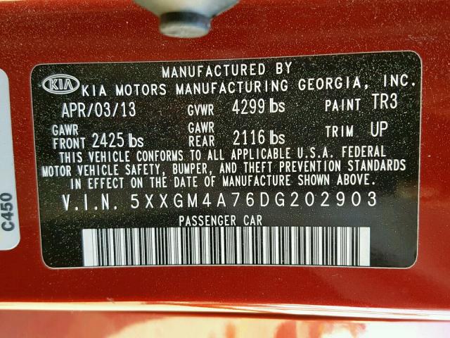 5XXGM4A76DG202903 - 2013 KIA OPTIMA LX RED photo 10