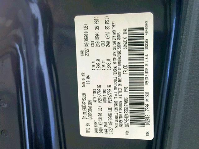 1D7HE42K95S187086 - 2005 DODGE DAKOTA SLT BLUE photo 10