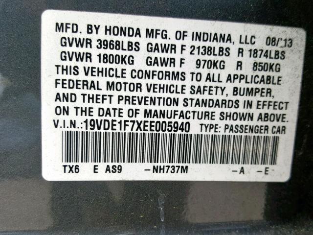 19VDE1F7XEE005940 - 2014 ACURA ILX 20 TEC GRAY photo 10