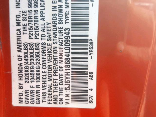 5J6YH18684L009943 - 2004 HONDA ELEMENT EX ORANGE photo 10