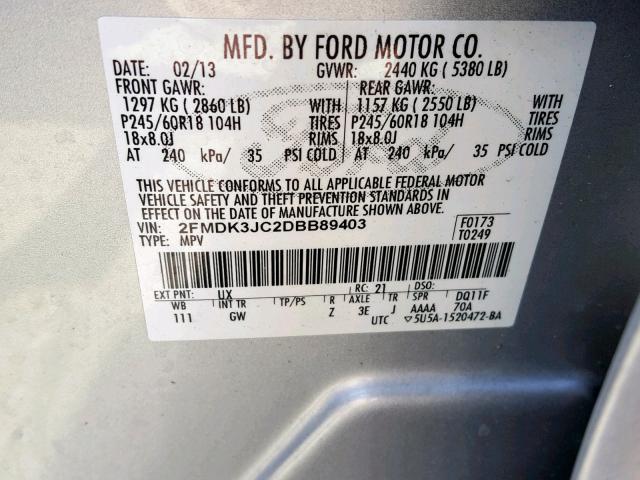 2FMDK3JC2DBB89403 - 2013 FORD EDGE SEL SILVER photo 10