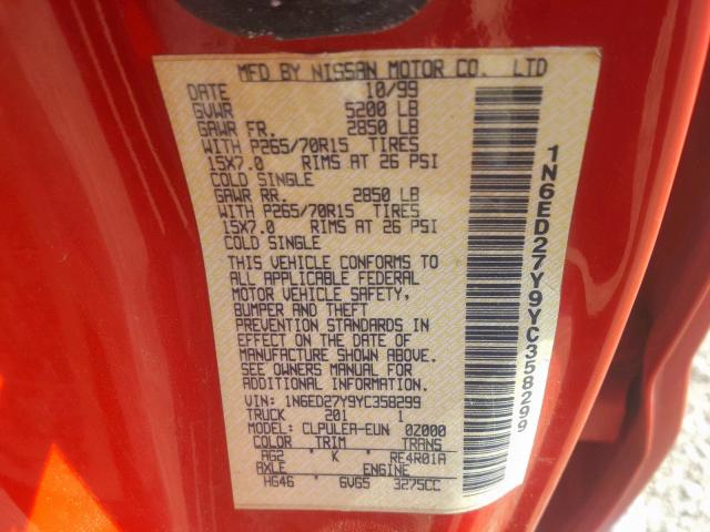 1N6ED27Y9YC358299 - 2000 NISSAN FRONTIER C RED photo 10