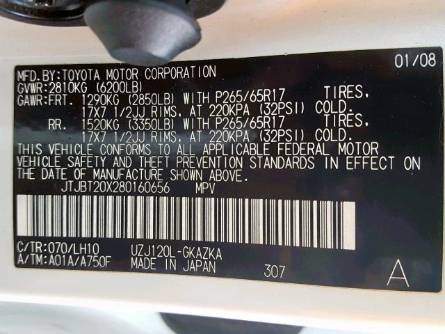 JTJBT20X280160656 - 2008 LEXUS GX 470 WHITE photo 10