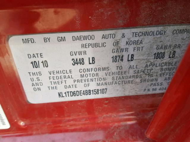 KL1TD6DE4BB158107 - 2011 CHEVROLET AVEO LS RED photo 10