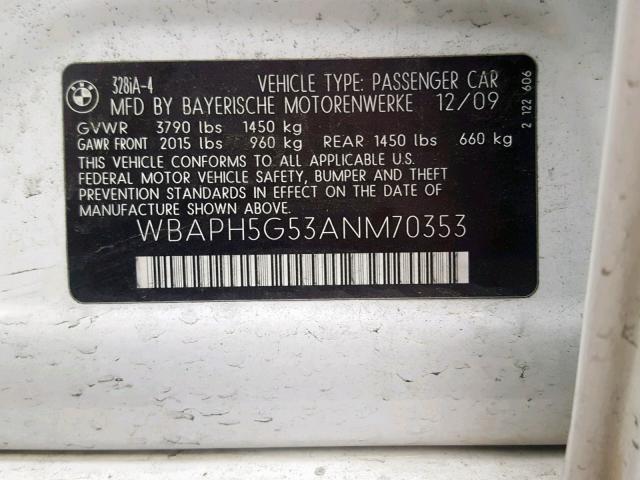 WBAPH5G53ANM70353 - 2010 BMW 328 I SULE WHITE photo 10