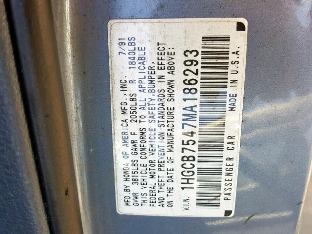 1HGCB7547MA186293 - 1991 HONDA ACCORD DX BLUE photo 10