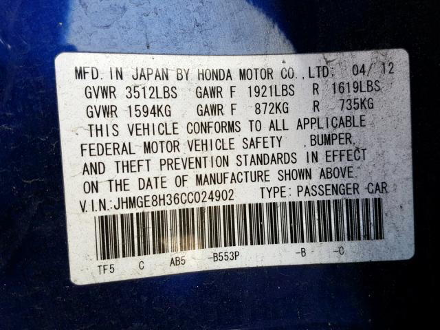 JHMGE8H36CC024902 - 2012 HONDA FIT BLUE photo 10