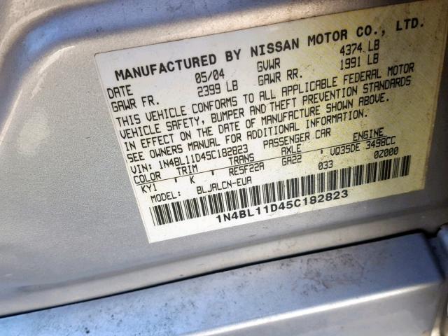 1N4BL11D45C182823 - 2005 NISSAN ALTIMA SE SILVER photo 10