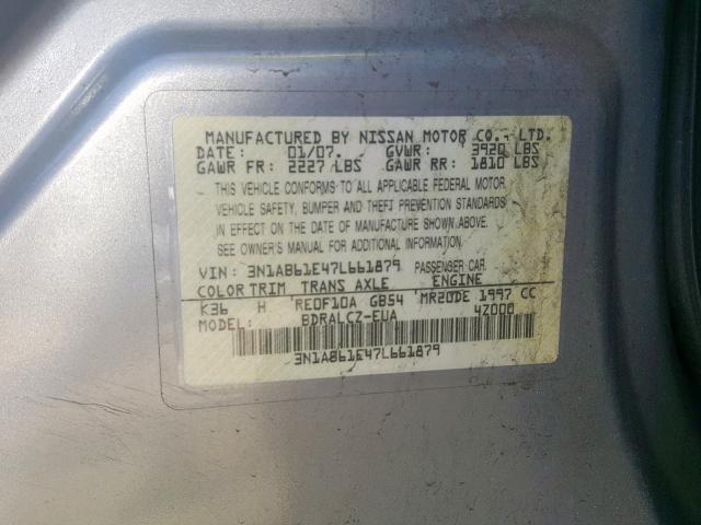 3N1AB61E47L661879 - 2007 NISSAN SENTRA 2.0 GRAY photo 10