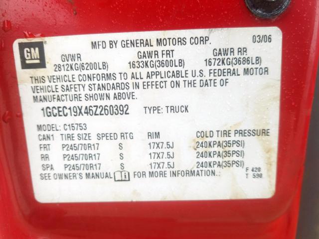 1GCEC19X46Z260392 - 2006 CHEVROLET SILVERADO C1500  photo 10