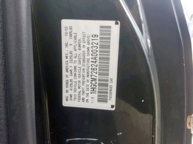 1HGCM72624A003219 - 2004 HONDA ACCORD EX BLACK photo 10