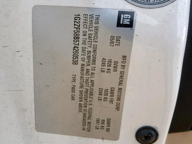 1G2ZF58B574260538 - 2007 PONTIAC G6 VALUE L WHITE photo 10