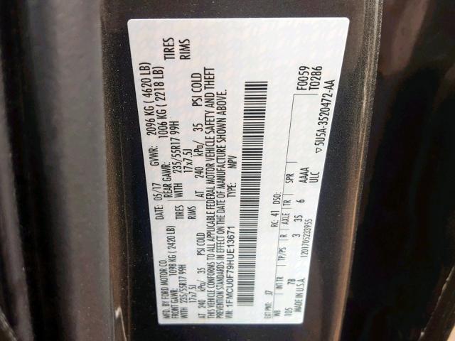 1FMCU0F79HUE13671 - 2017 FORD ESCAPE S GRAY photo 10