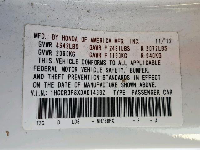 1HGCR3F8XDA014992 - 2013 HONDA ACCORD EXL WHITE photo 10