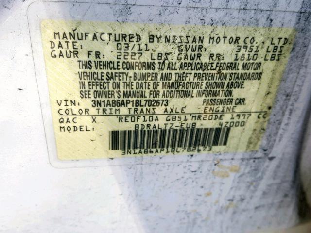 3N1AB6AP1BL702673 - 2011 NISSAN SENTRA 2.0 WHITE photo 10