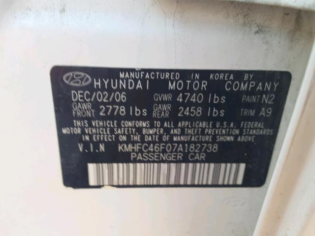 KMHFC46F07A182738 - 2007 HYUNDAI AZERA SE WHITE photo 10