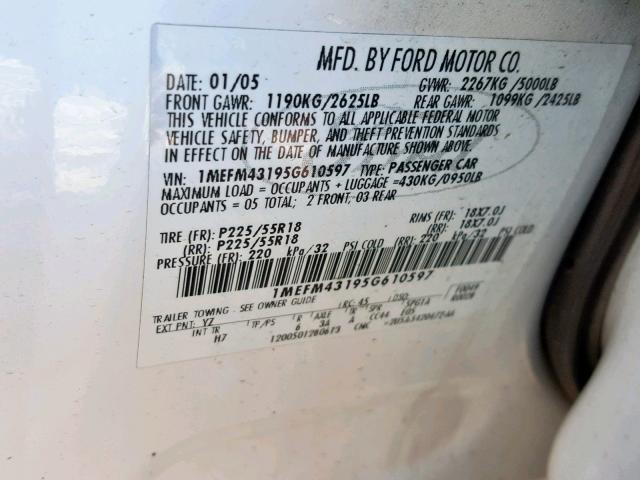 1MEFM43195G610597 - 2005 MERCURY MONTEGO PR 白色 照片 10