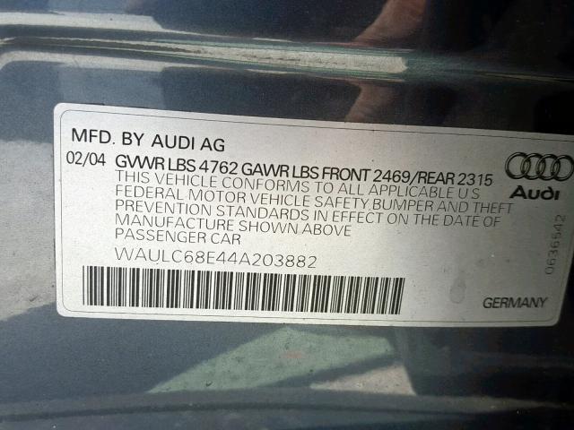 WAULC68E44A203882 - 2004 AUDI A4 GRAY photo 10