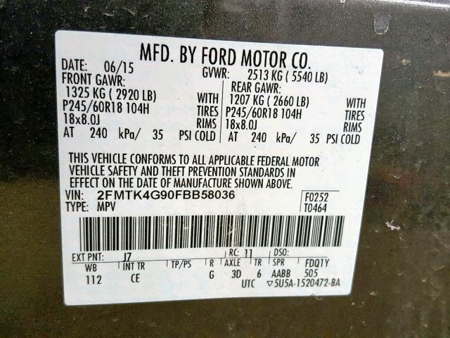 2FMTK4G90FBB58036 - 2015 FORD EDGE SE SILVER photo 10