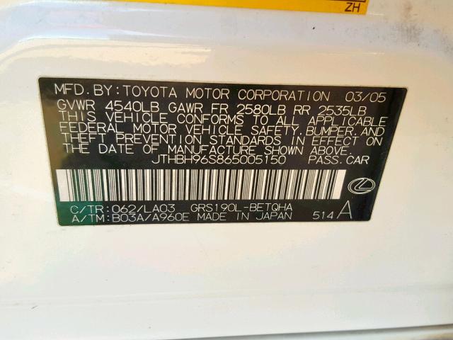 JTHBH96S865005150 - 2006 LEXUS GS GENERAT WHITE photo 10