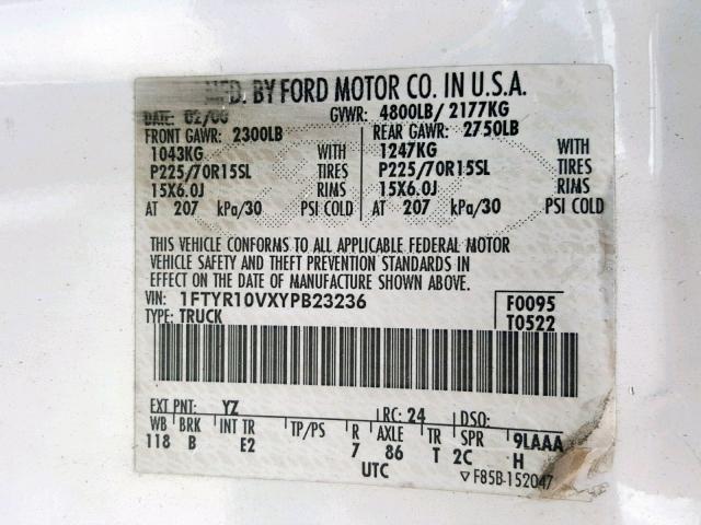 1FTYR10VXYPB23236 - 2000 FORD RANGER WHITE photo 10