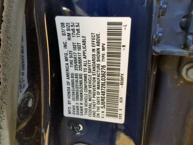 5J6RE48728L036276 - 2008 HONDA CR-V EXL BLUE photo 10