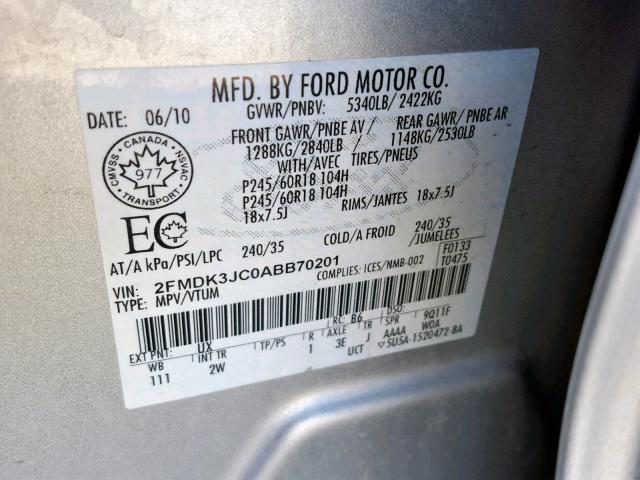 2FMDK3JC0ABB70201 - 2010 FORD EDGE SEL SILVER photo 10