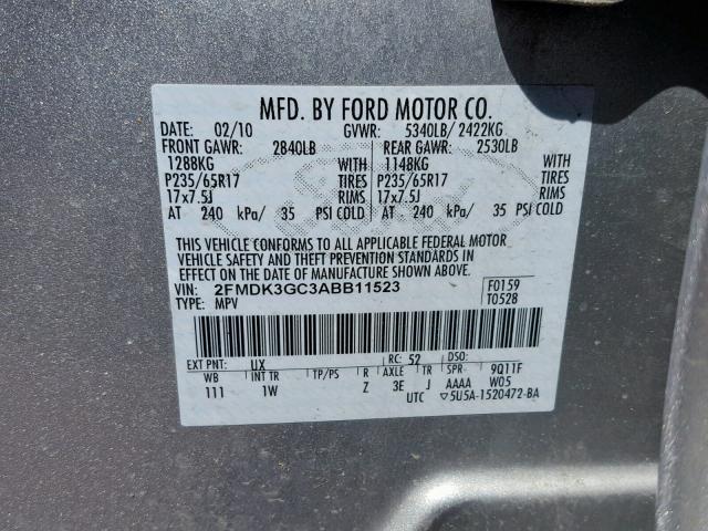 2FMDK3GC3ABB11523 - 2010 FORD EDGE SE SILVER photo 10