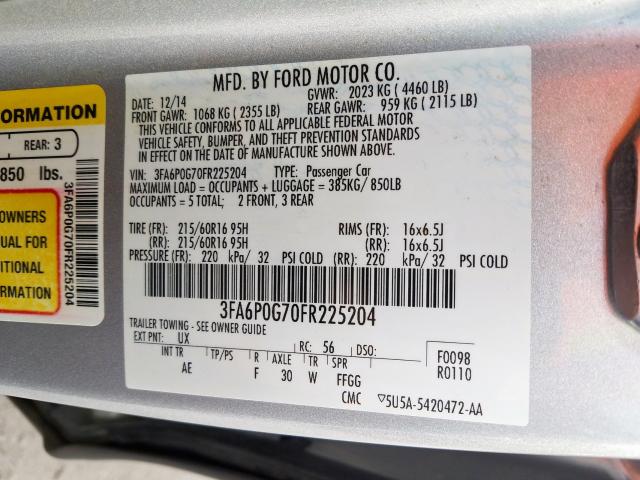 3FA6P0G70FR225204 - 2015 FORD FUSION S  photo 10