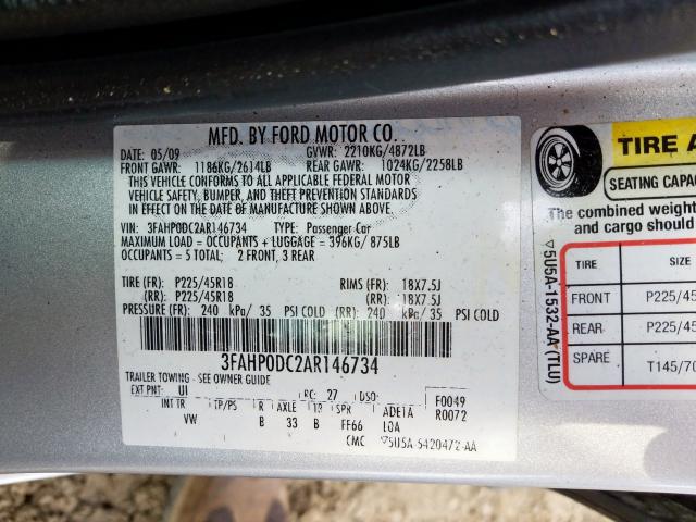 3FAHP0DC2AR146734 - 2010 FORD FUSION SPORT  photo 10