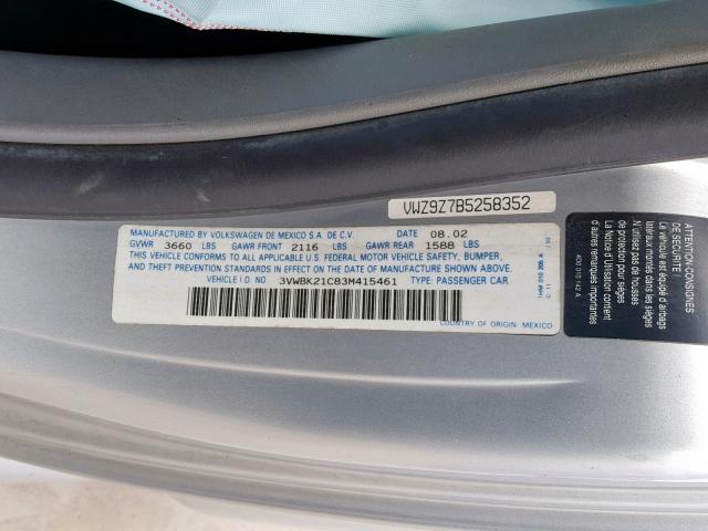 3VWBK21C83M415461 - 2003 VOLKSWAGEN NEW BEETLE Gümüş foto 10