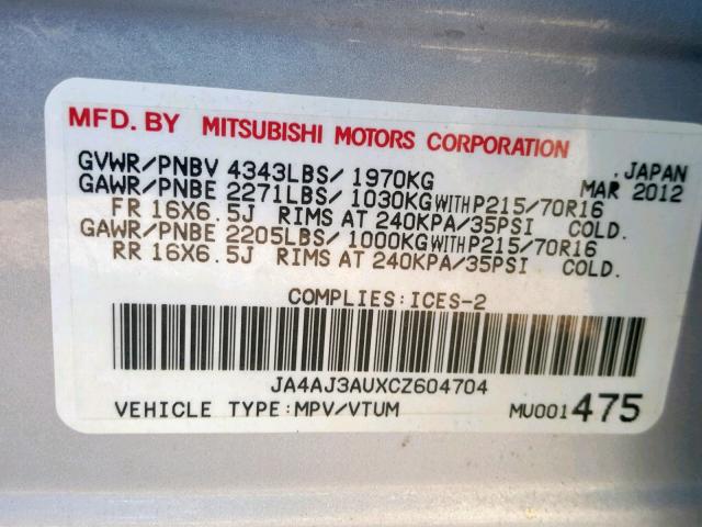 JA4AJ3AUXCZ604704 - 2012 MITSUBISHI RVR SE SILVER photo 10