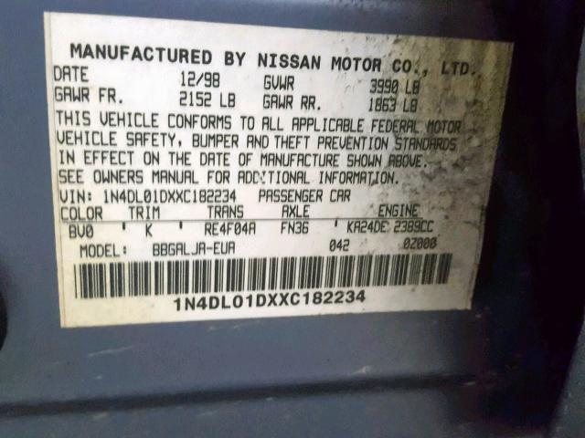 1N4DL01DXXC182234 - 1999 NISSAN ALTIMA XE BLUE photo 10